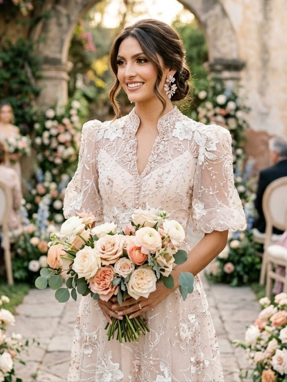 NWT Mac Duggal Size 16 Blush Queen Anne Puff Sleeve Embroidered A-Line Gown